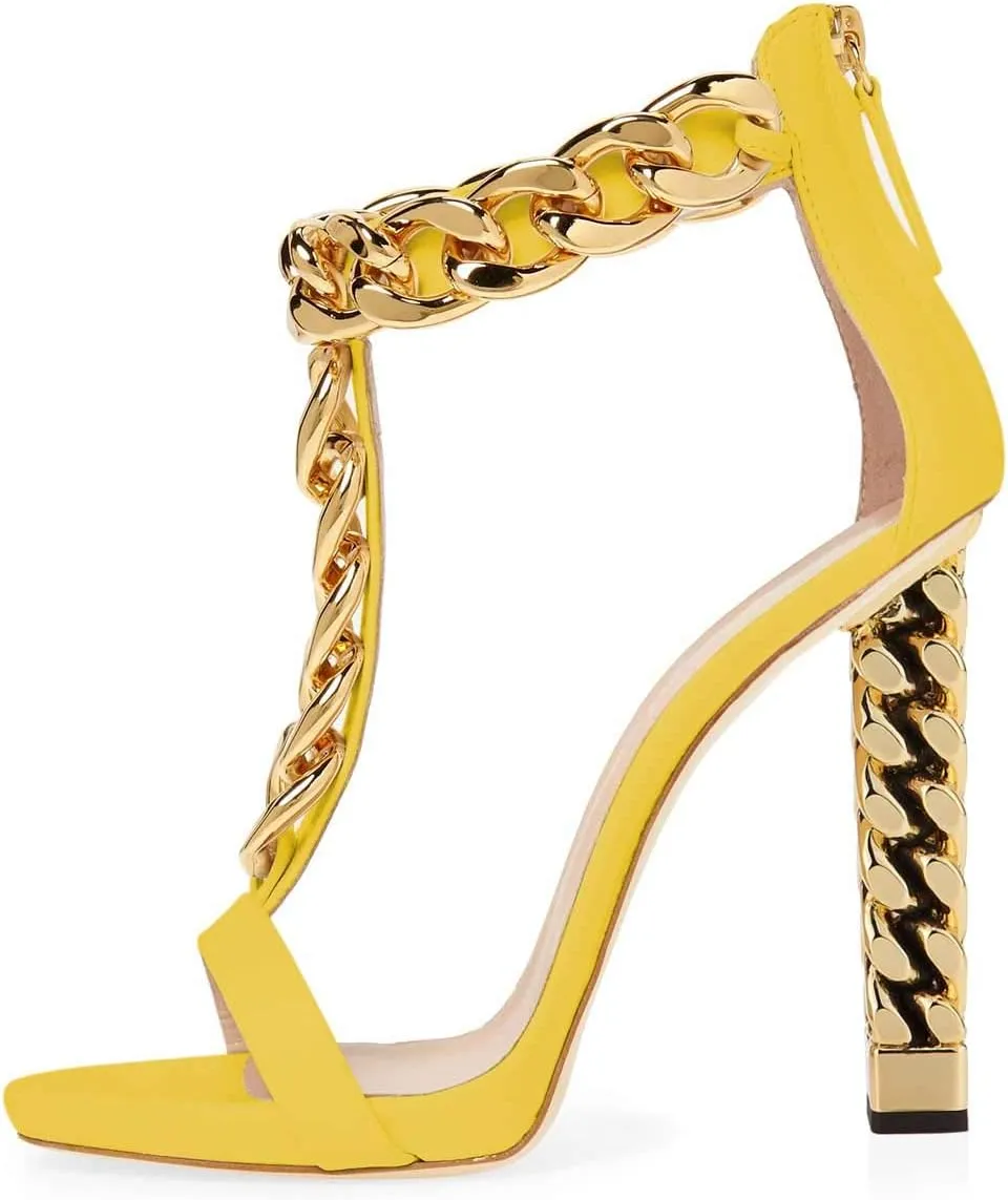 FSJ Women Sexy T-Strap Gold Metal Chain Chunky High Heel Sandal Open Toe Ankle Strap Pump Back Zipper Bridal Wedding Party Shoes Size 4-15 US