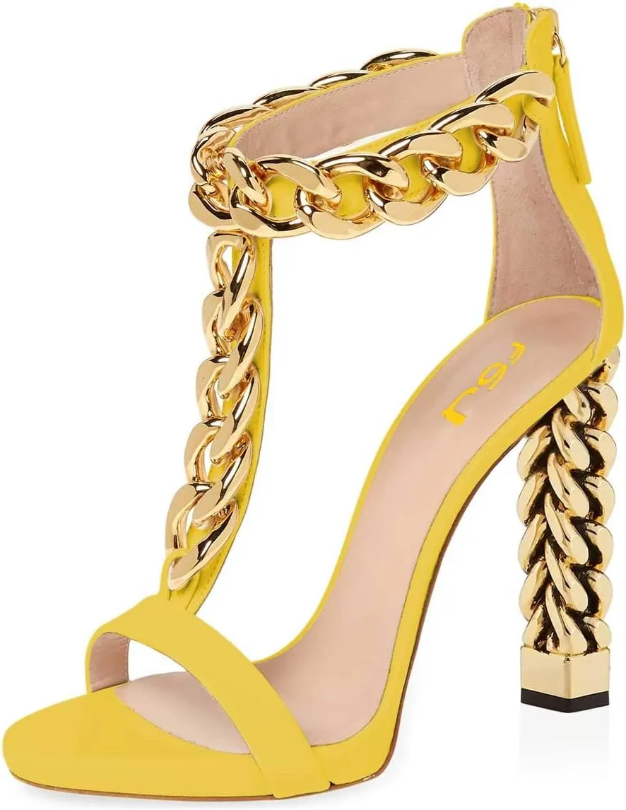 FSJ Women Sexy T-Strap Gold Metal Chain Chunky High Heel Sandal Open Toe Ankle Strap Pump Back Zipper Bridal Wedding Party Shoes Size 4-15 US