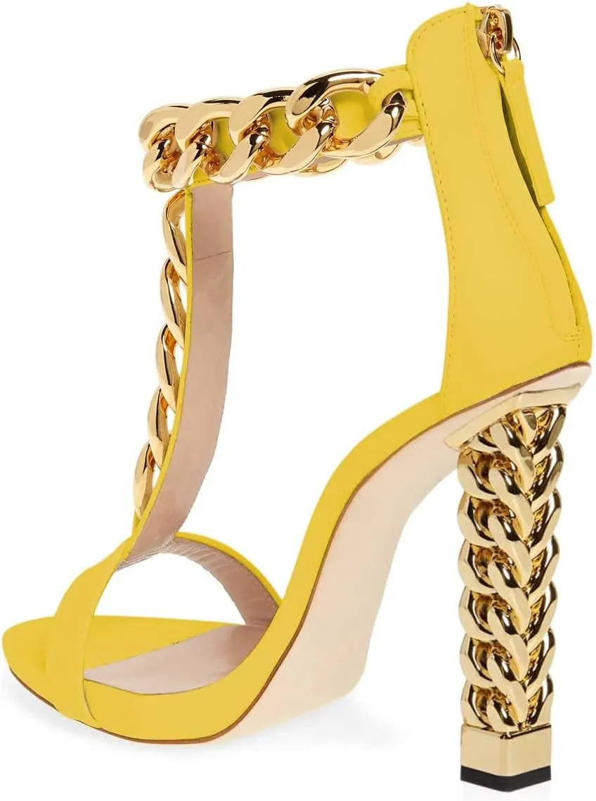 FSJ Women Sexy T-Strap Gold Metal Chain Chunky High Heel Sandal Open Toe Ankle Strap Pump Back Zipper Bridal Wedding Party Shoes Size 4-15 US
