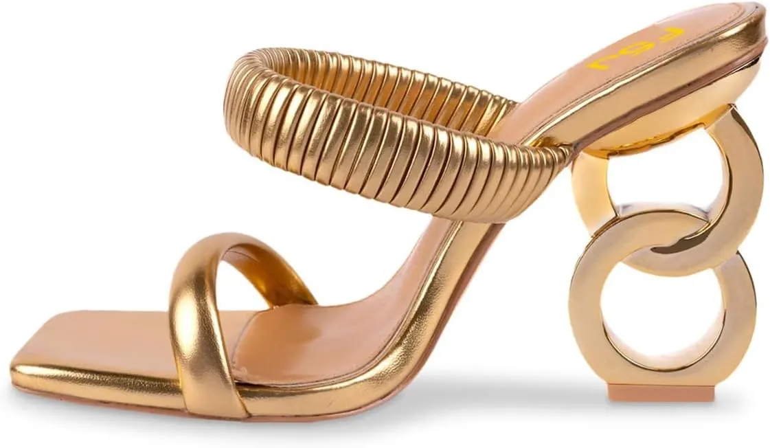 FSJ Women Square Open Toe Two Strap Heeled Sandal Chain Detail High Heel Slip On Mules Backless Slides Ladies Date Shoes Size 4-16 US