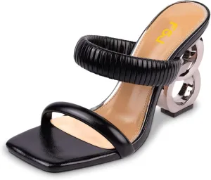 FSJ Women Square Open Toe Two Strap Heeled Sandal Chain Detail High Heel Slip On Mules Backless Slides Ladies Date Shoes Size 4-16 US