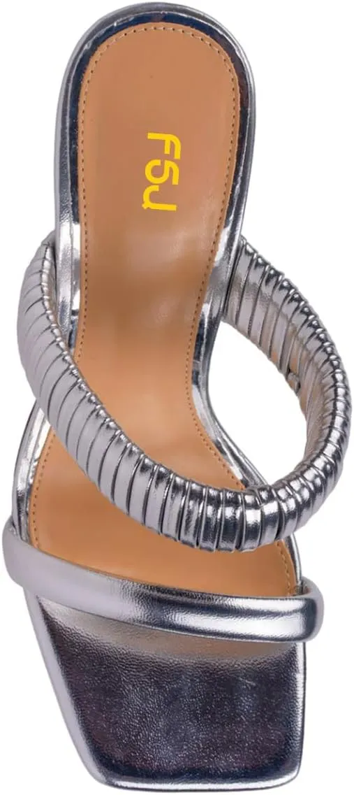 FSJ Women Square Open Toe Two Strap Heeled Sandal Chain Detail High Heel Slip On Mules Backless Slides Ladies Date Shoes Size 4-16 US