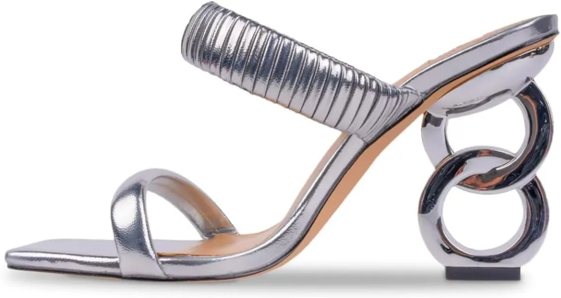 FSJ Women Square Open Toe Two Strap Heeled Sandal Chain Detail High Heel Slip On Mules Backless Slides Ladies Date Shoes Size 4-16 US