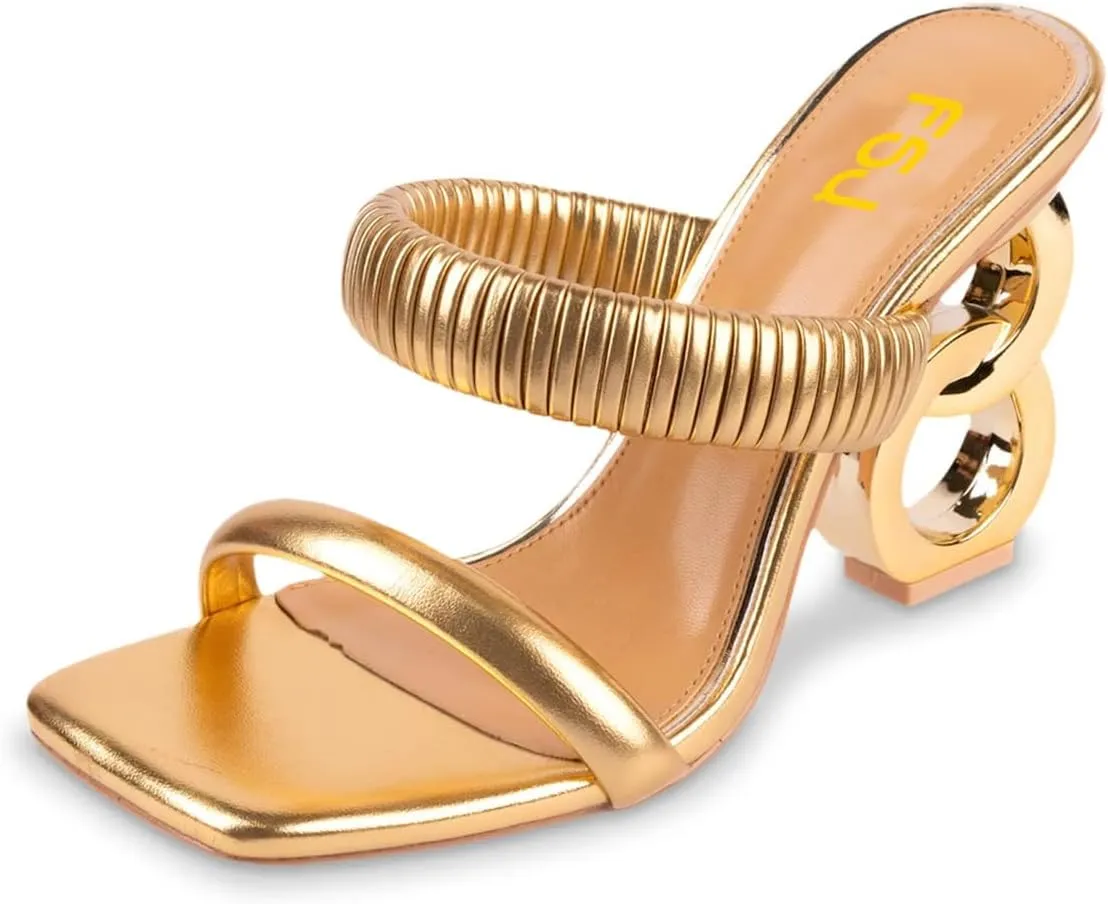FSJ Women Square Open Toe Two Strap Heeled Sandal Chain Detail High Heel Slip On Mules Backless Slides Ladies Date Shoes Size 4-16 US