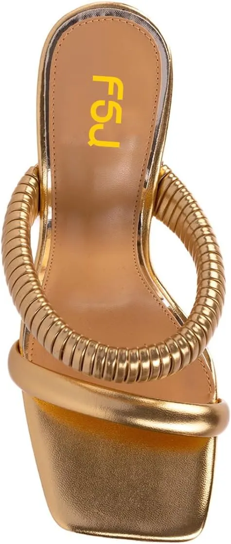 FSJ Women Square Open Toe Two Strap Heeled Sandal Chain Detail High Heel Slip On Mules Backless Slides Ladies Date Shoes Size 4-16 US