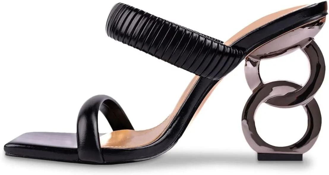 FSJ Women Square Open Toe Two Strap Heeled Sandal Chain Detail High Heel Slip On Mules Backless Slides Ladies Date Shoes Size 4-16 US