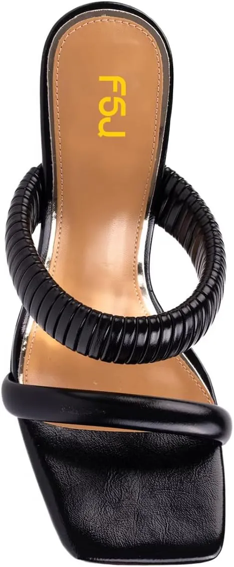 FSJ Women Square Open Toe Two Strap Heeled Sandal Chain Detail High Heel Slip On Mules Backless Slides Ladies Date Shoes Size 4-16 US