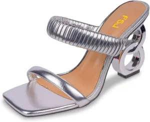 FSJ Women Square Open Toe Two Strap Heeled Sandal Chain Detail High Heel Slip On Mules Backless Slides Ladies Date Shoes Size 4-16 US