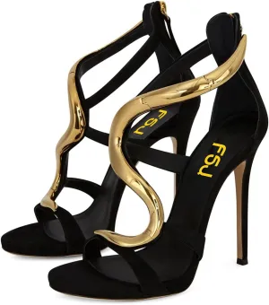 FSJ Women Stiletto High Heels Ankle Strap Sandals Flower Silver Metal Chain Open Toe Zipper Fashion Shoes