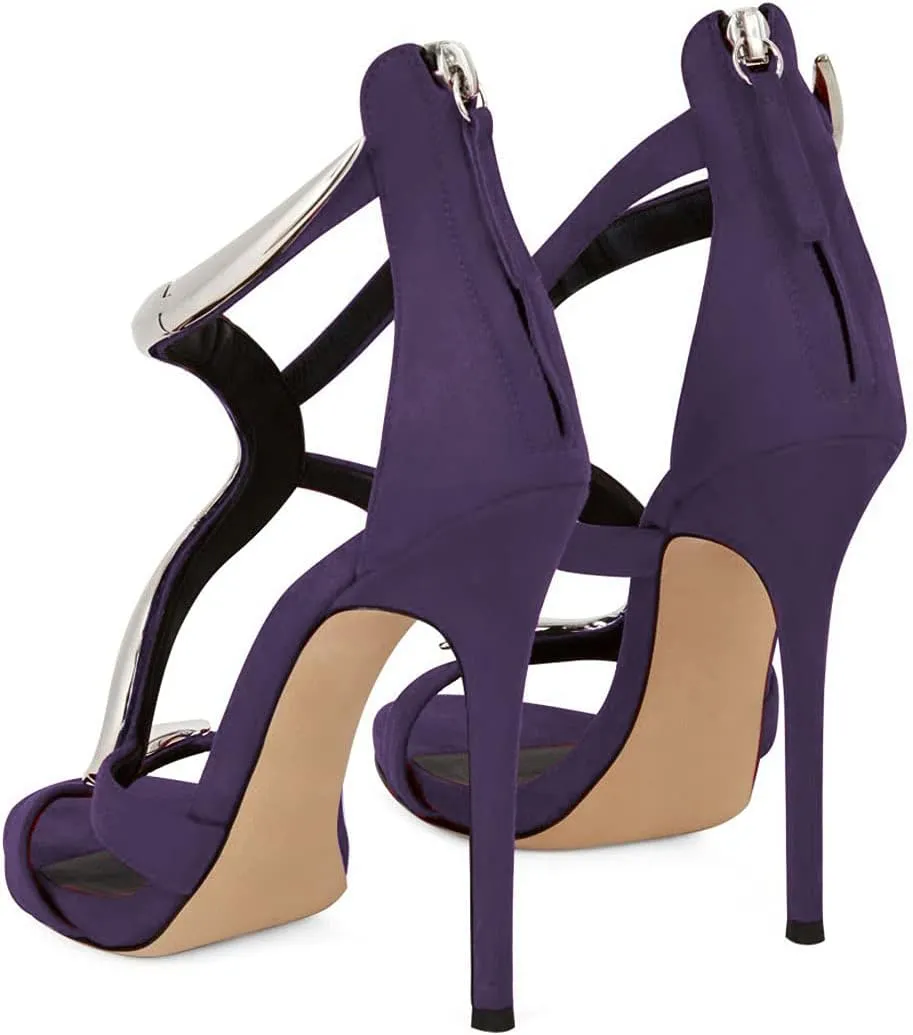 FSJ Women Stiletto High Heels Ankle Strap Sandals Flower Silver Metal Chain Open Toe Zipper Fashion Shoes