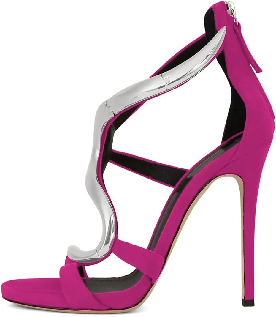 FSJ Women Stiletto High Heels Ankle Strap Sandals Flower Silver Metal Chain Open Toe Zipper Fashion Shoes