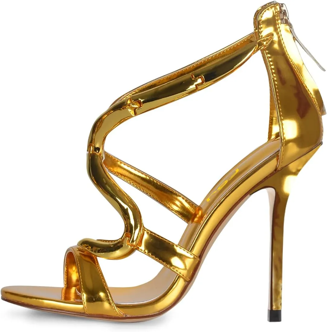 FSJ Women Stiletto High Heels Ankle Strap Sandals Flower Silver Metal Chain Open Toe Zipper Fashion Shoes