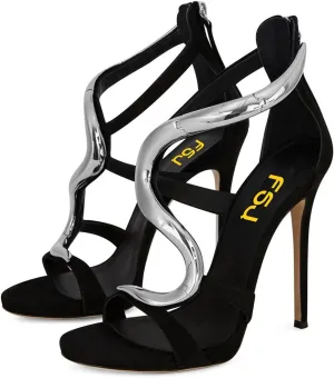 FSJ Women Stiletto High Heels Ankle Strap Sandals Flower Silver Metal Chain Open Toe Zipper Fashion Shoes