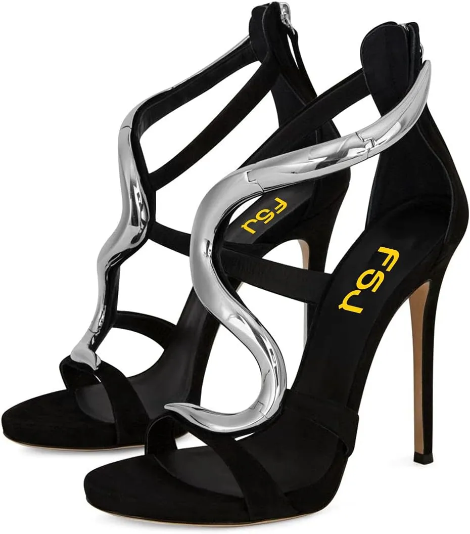 FSJ Women Stiletto High Heels Ankle Strap Sandals Flower Silver Metal Chain Open Toe Zipper Fashion Shoes