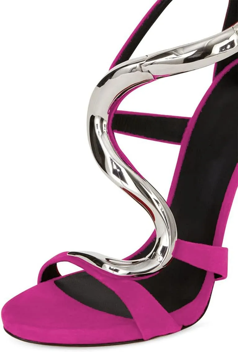 FSJ Women Stiletto High Heels Ankle Strap Sandals Flower Silver Metal Chain Open Toe Zipper Fashion Shoes
