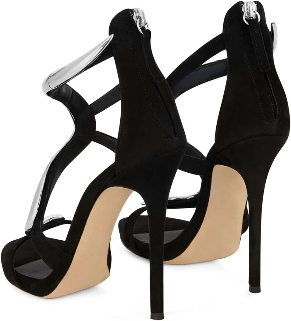 FSJ Women Stiletto High Heels Ankle Strap Sandals Flower Silver Metal Chain Open Toe Zipper Fashion Shoes