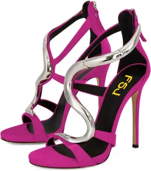 FSJ Women Stiletto High Heels Ankle Strap Sandals Flower Silver Metal Chain Open Toe Zipper Fashion Shoes