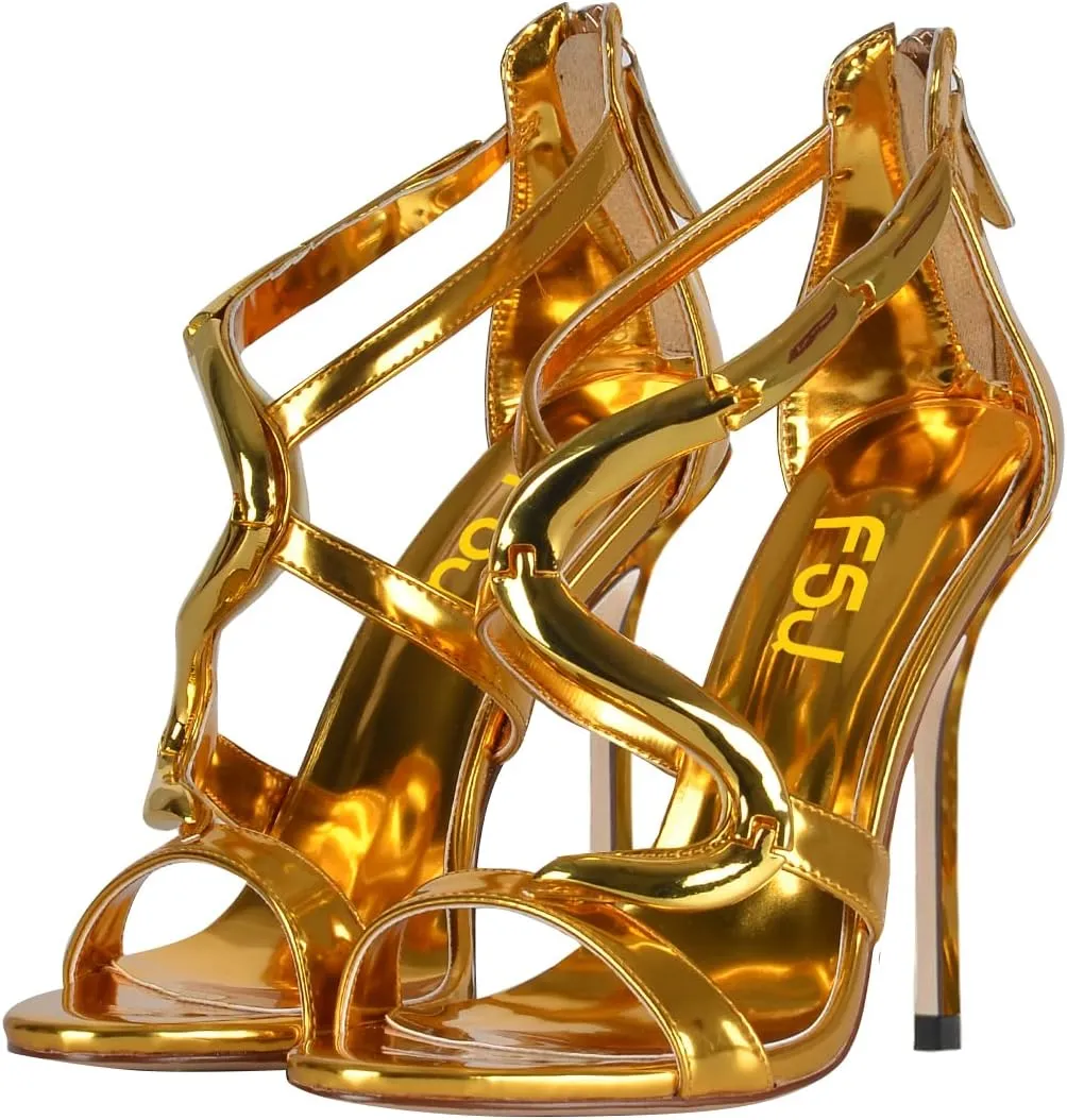 FSJ Women Stiletto High Heels Ankle Strap Sandals Flower Silver Metal Chain Open Toe Zipper Fashion Shoes