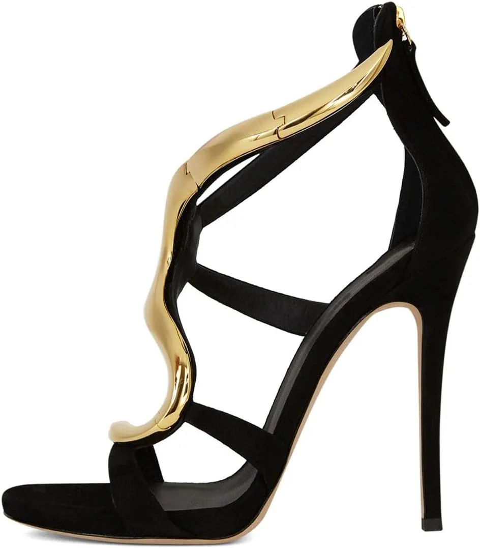 FSJ Women Stiletto High Heels Ankle Strap Sandals Flower Silver Metal Chain Open Toe Zipper Fashion Shoes