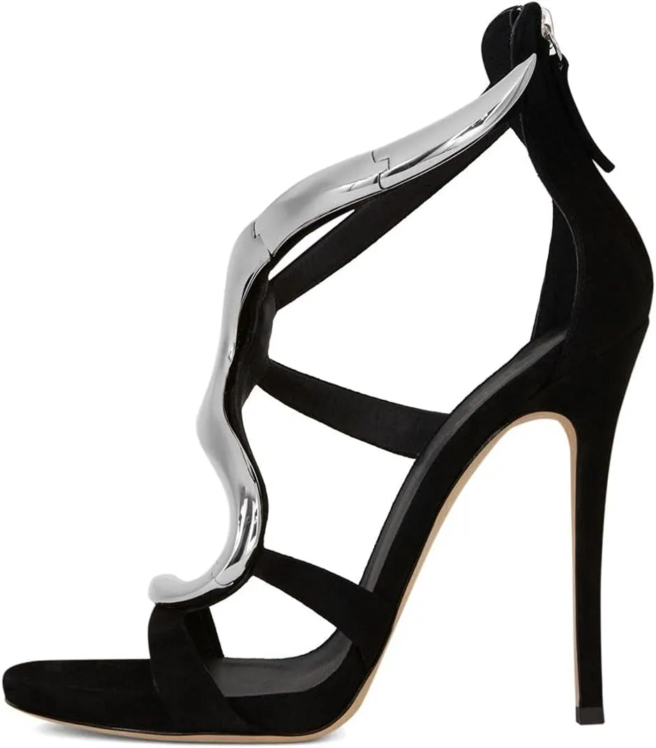 FSJ Women Stiletto High Heels Ankle Strap Sandals Flower Silver Metal Chain Open Toe Zipper Fashion Shoes