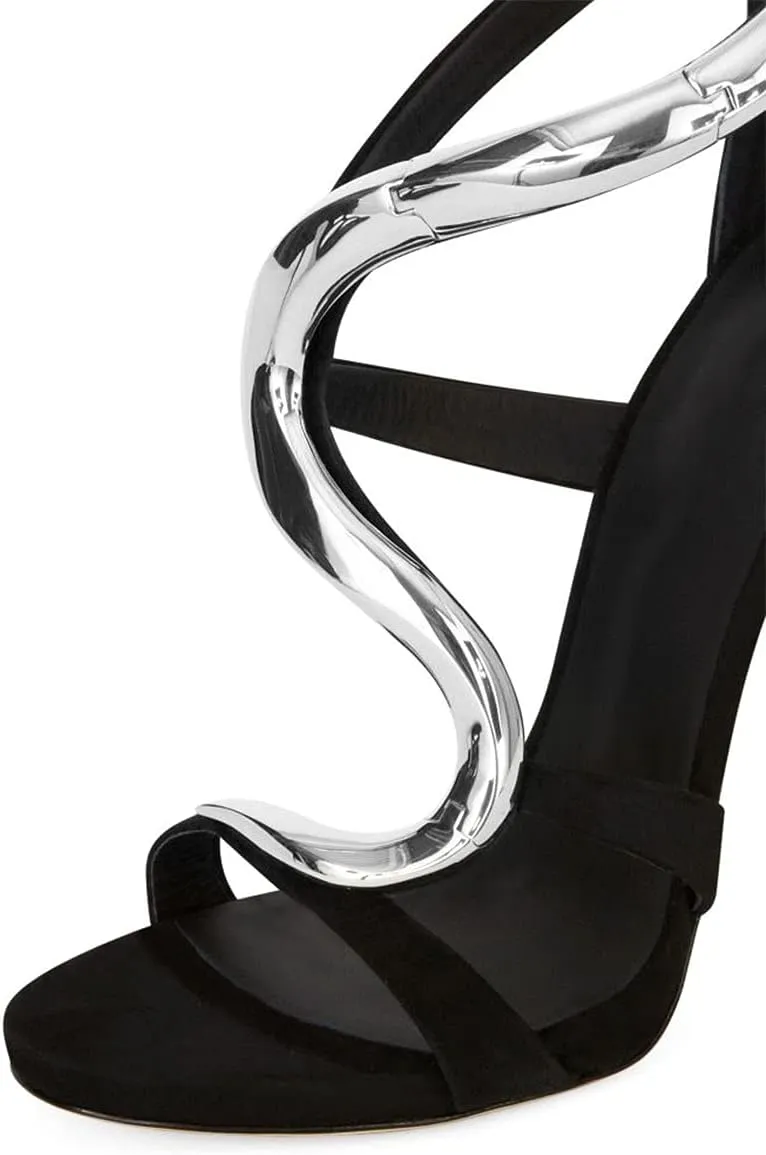 FSJ Women Stiletto High Heels Ankle Strap Sandals Flower Silver Metal Chain Open Toe Zipper Fashion Shoes