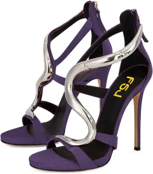 FSJ Women Stiletto High Heels Ankle Strap Sandals Flower Silver Metal Chain Open Toe Zipper Fashion Shoes