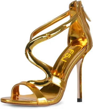 FSJ Women Stiletto High Heels Ankle Strap Sandals Flower Silver Metal Chain Open Toe Zipper Fashion Shoes