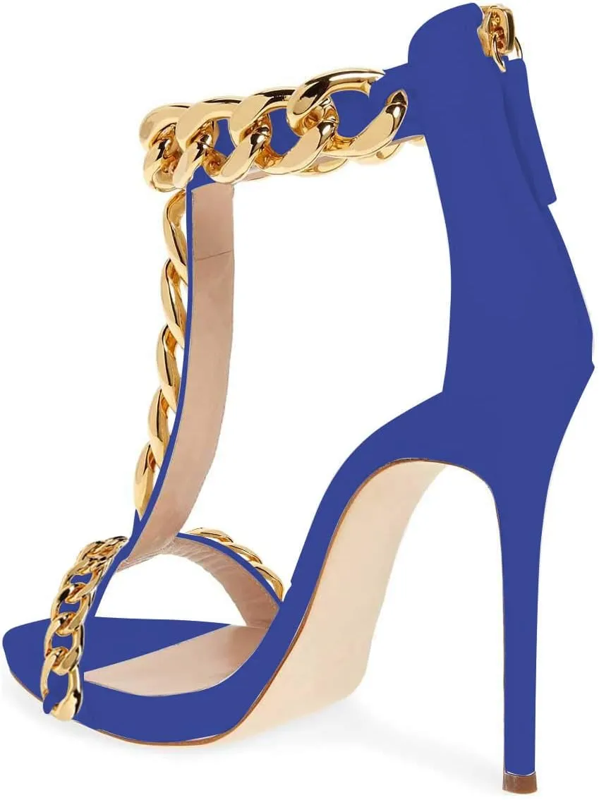FSJ Women T-Straps High Heel Sandals Golden Chains Open Toe Ankle Straps Stilettos Pumps Back Zipper Wedding Party Homecomings Dress Summer Shoes Size 4-15 US