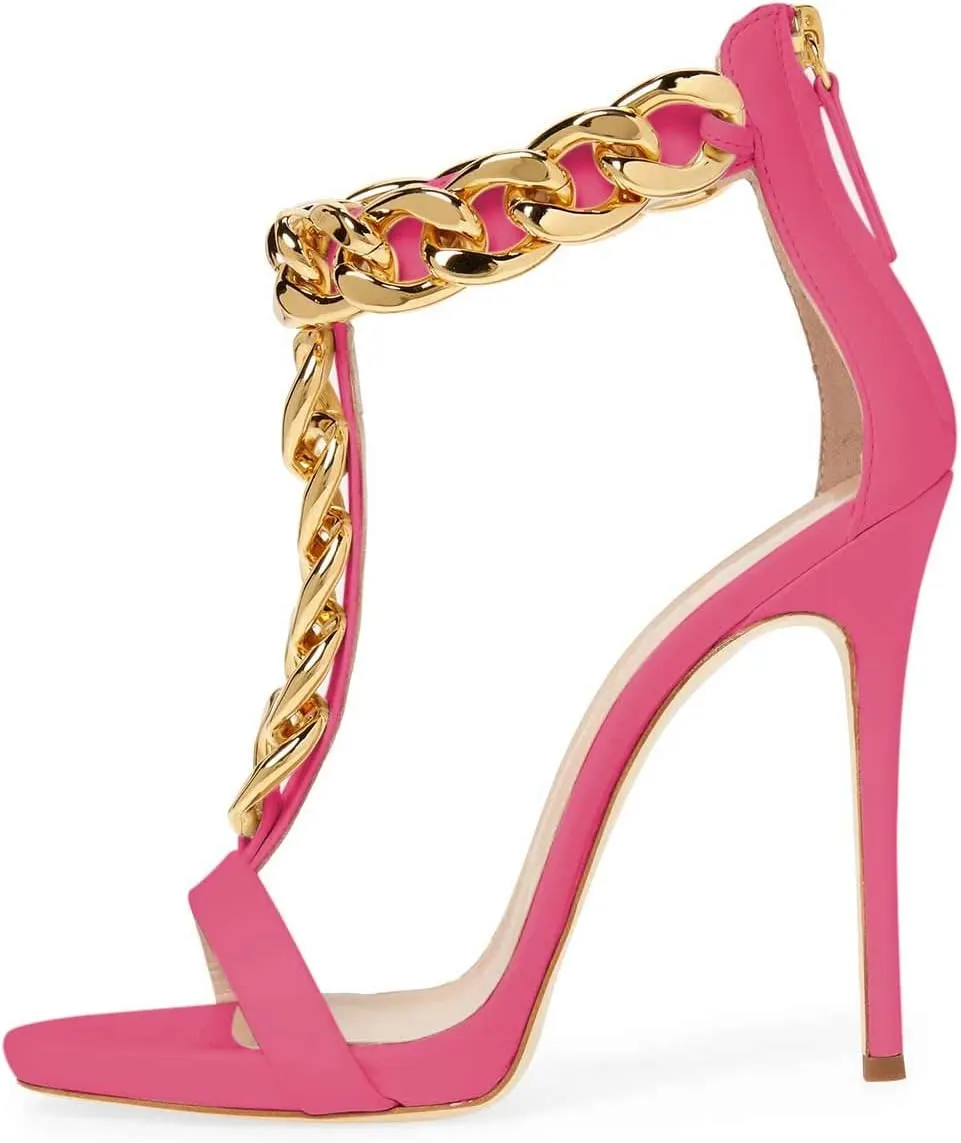 FSJ Women T-Straps High Heel Sandals Golden Chains Open Toe Ankle Straps Stilettos Pumps Back Zipper Wedding Party Homecomings Dress Summer Shoes Size 4-15 US