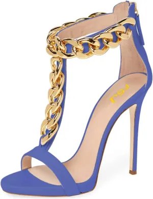FSJ Women T-Straps High Heel Sandals Golden Chains Open Toe Ankle Straps Stilettos Pumps Back Zipper Wedding Party Homecomings Dress Summer Shoes Size 4-15 US