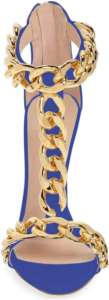 FSJ Women T-Straps High Heel Sandals Golden Chains Open Toe Ankle Straps Stilettos Pumps Back Zipper Wedding Party Homecomings Dress Summer Shoes Size 4-15 US