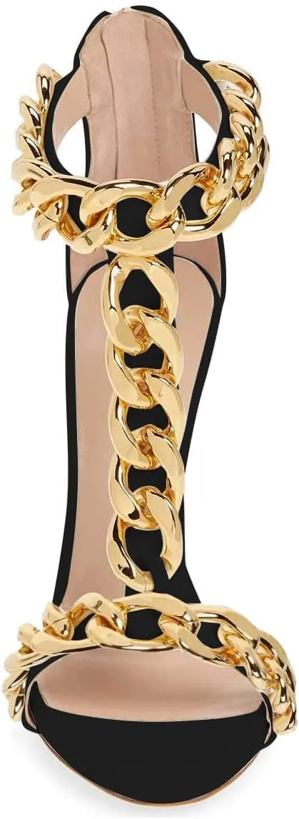 FSJ Women T-Straps High Heel Sandals Golden Chains Open Toe Ankle Straps Stilettos Pumps Back Zipper Wedding Party Homecomings Dress Summer Shoes Size 4-15 US