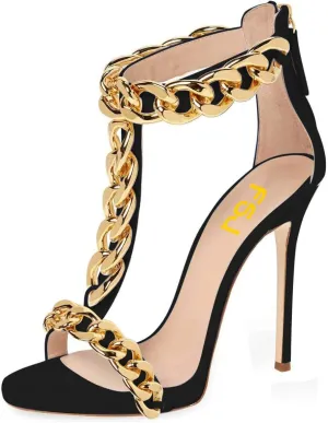 FSJ Women T-Straps High Heel Sandals Golden Chains Open Toe Ankle Straps Stilettos Pumps Back Zipper Wedding Party Homecomings Dress Summer Shoes Size 4-15 US