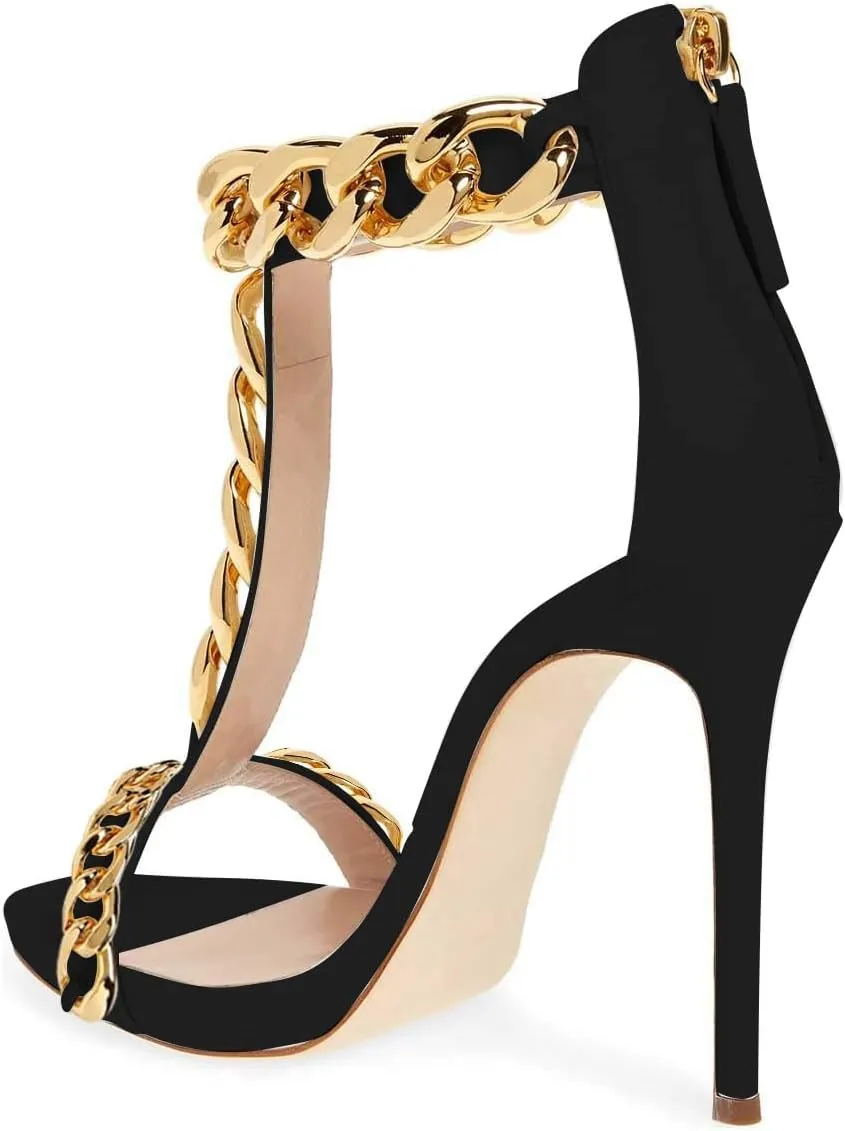 FSJ Women T-Straps High Heel Sandals Golden Chains Open Toe Ankle Straps Stilettos Pumps Back Zipper Wedding Party Homecomings Dress Summer Shoes Size 4-15 US
