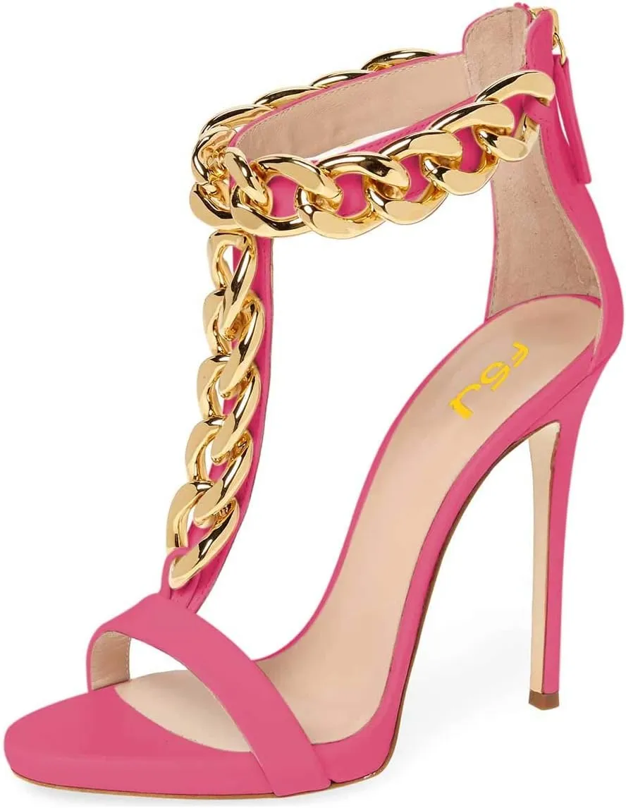 FSJ Women T-Straps High Heel Sandals Golden Chains Open Toe Ankle Straps Stilettos Pumps Back Zipper Wedding Party Homecomings Dress Summer Shoes Size 4-15 US