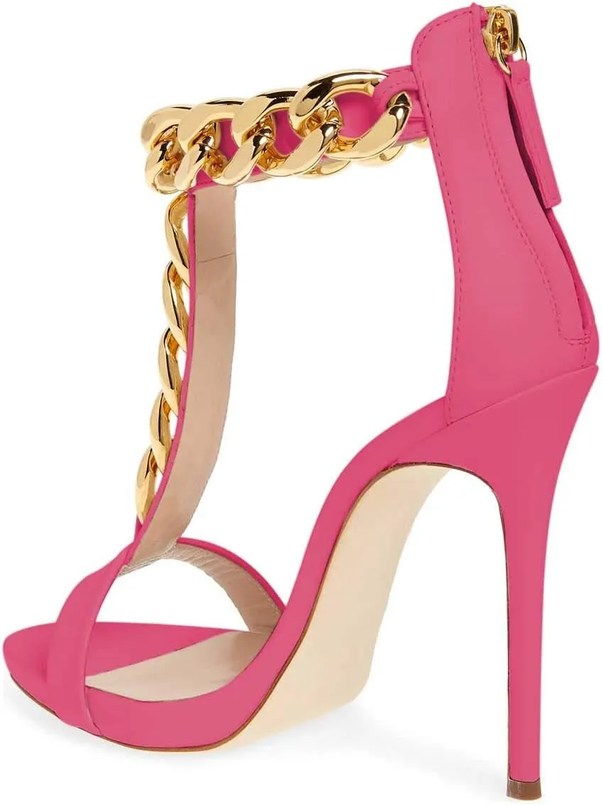 FSJ Women T-Straps High Heel Sandals Golden Chains Open Toe Ankle Straps Stilettos Pumps Back Zipper Wedding Party Homecomings Dress Summer Shoes Size 4-15 US
