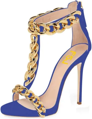 FSJ Women T-Straps High Heel Sandals Golden Chains Open Toe Ankle Straps Stilettos Pumps Back Zipper Wedding Party Homecomings Dress Summer Shoes Size 4-15 US