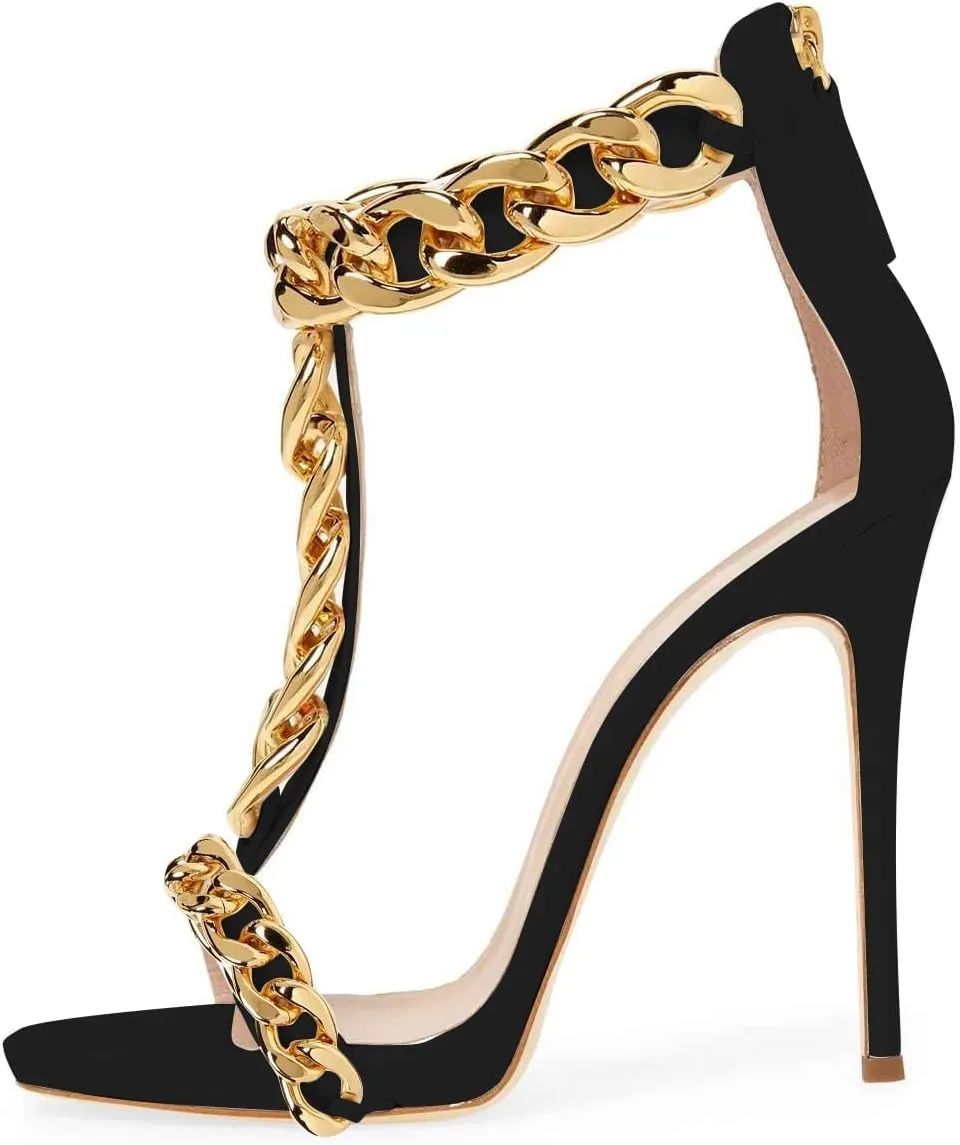 FSJ Women T-Straps High Heel Sandals Golden Chains Open Toe Ankle Straps Stilettos Pumps Back Zipper Wedding Party Homecomings Dress Summer Shoes Size 4-15 US