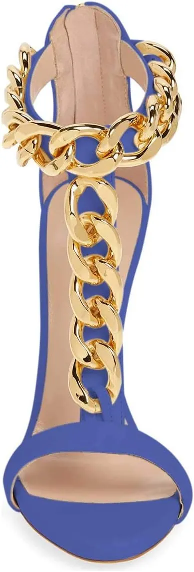 FSJ Women T-Straps High Heel Sandals Golden Chains Open Toe Ankle Straps Stilettos Pumps Back Zipper Wedding Party Homecomings Dress Summer Shoes Size 4-15 US