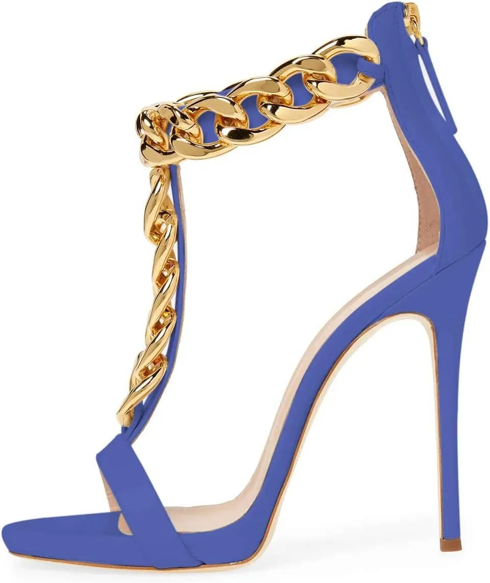 FSJ Women T-Straps High Heel Sandals Golden Chains Open Toe Ankle Straps Stilettos Pumps Back Zipper Wedding Party Homecomings Dress Summer Shoes Size 4-15 US