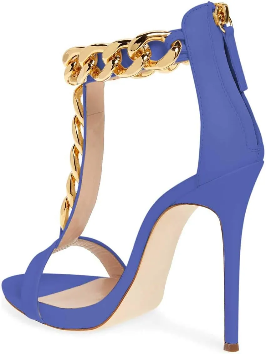 FSJ Women T-Straps High Heel Sandals Golden Chains Open Toe Ankle Straps Stilettos Pumps Back Zipper Wedding Party Homecomings Dress Summer Shoes Size 4-15 US