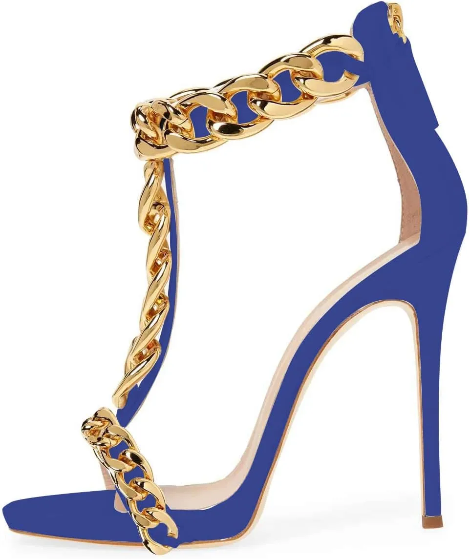 FSJ Women T-Straps High Heel Sandals Golden Chains Open Toe Ankle Straps Stilettos Pumps Back Zipper Wedding Party Homecomings Dress Summer Shoes Size 4-15 US