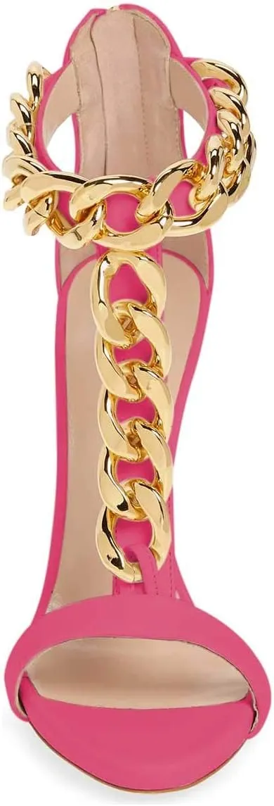 FSJ Women T-Straps High Heel Sandals Golden Chains Open Toe Ankle Straps Stilettos Pumps Back Zipper Wedding Party Homecomings Dress Summer Shoes Size 4-15 US