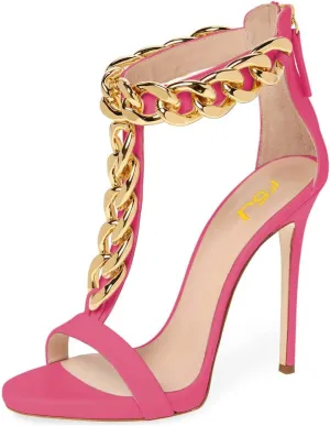 FSJ Women T-Straps High Heel Sandals Golden Chains Open Toe Ankle Straps Stilettos Pumps Back Zipper Wedding Party Homecomings Dress Summer Shoes Size 4-15 US