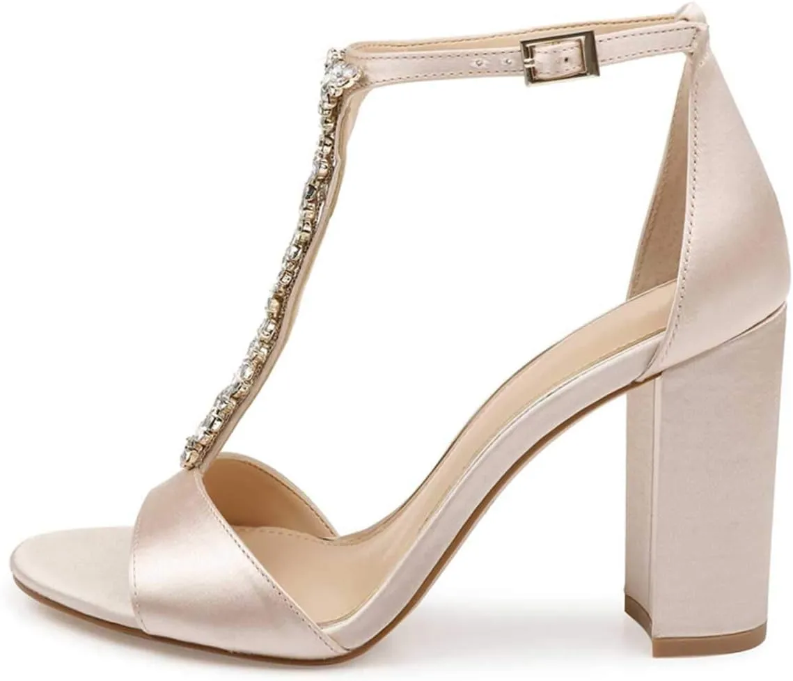 FSJ Women Wedding T Strap Open Toe Sandals Rhinestones Crystal Studded Chunky High Heel Buckled Shoes Size 4-15 US