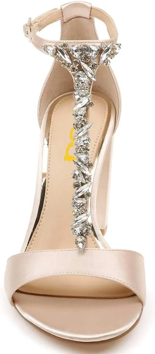 FSJ Women Wedding T Strap Open Toe Sandals Rhinestones Crystal Studded Chunky High Heel Buckled Shoes Size 4-15 US