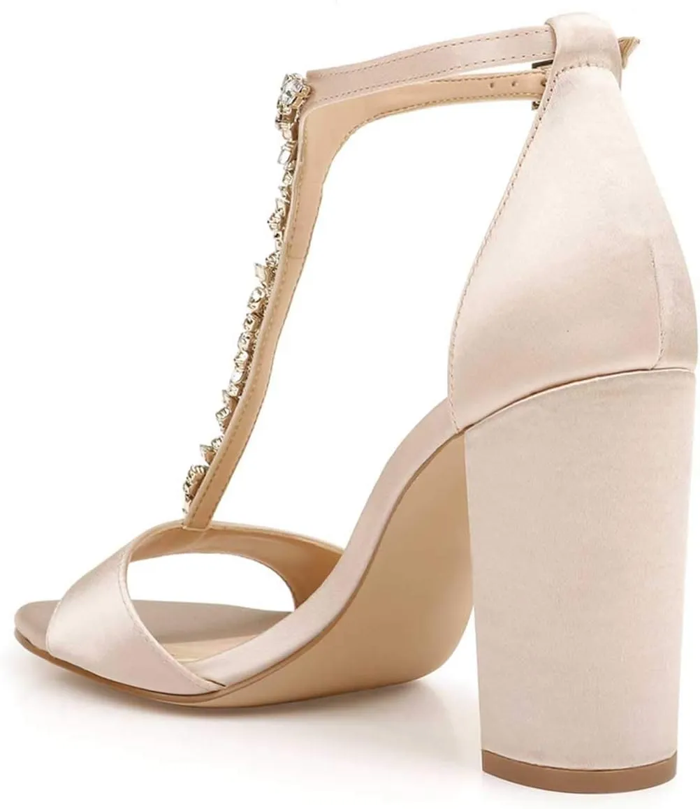 FSJ Women Wedding T Strap Open Toe Sandals Rhinestones Crystal Studded Chunky High Heel Buckled Shoes Size 4-15 US