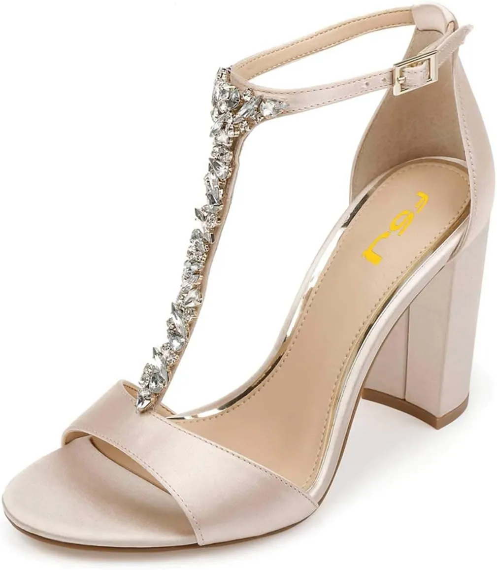 FSJ Women Wedding T Strap Open Toe Sandals Rhinestones Crystal Studded Chunky High Heel Buckled Shoes Size 4-15 US