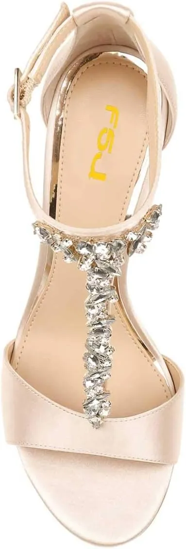 FSJ Women Wedding T Strap Open Toe Sandals Rhinestones Crystal Studded Chunky High Heel Buckled Shoes Size 4-15 US