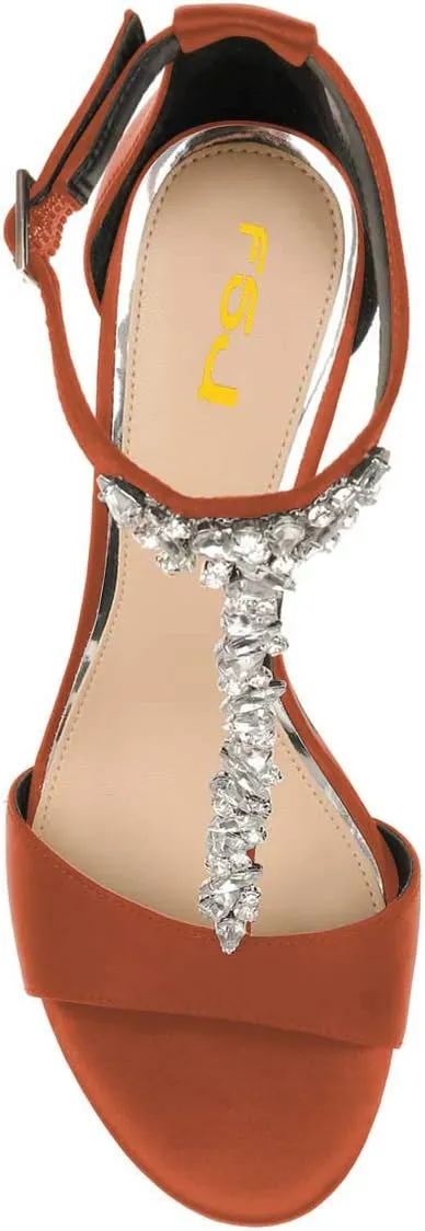 FSJ Women Wedding T Strap Open Toe Sandals Rhinestones Crystal Studded Chunky High Heel Buckled Shoes Size 4-15 US